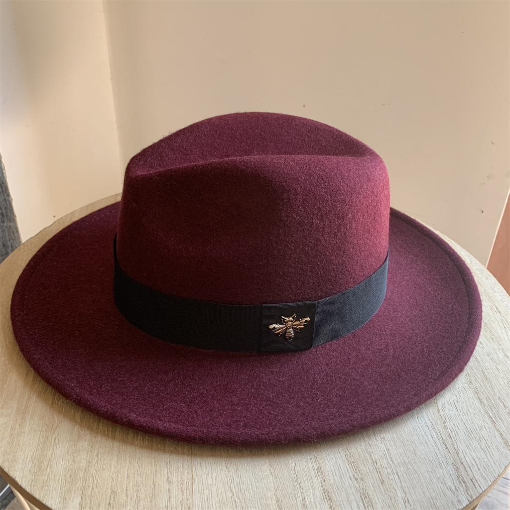 New French Wool Topper Hat with Big Brim Showing Face for Women's Little Bee British Style Versatile Jazz Hat