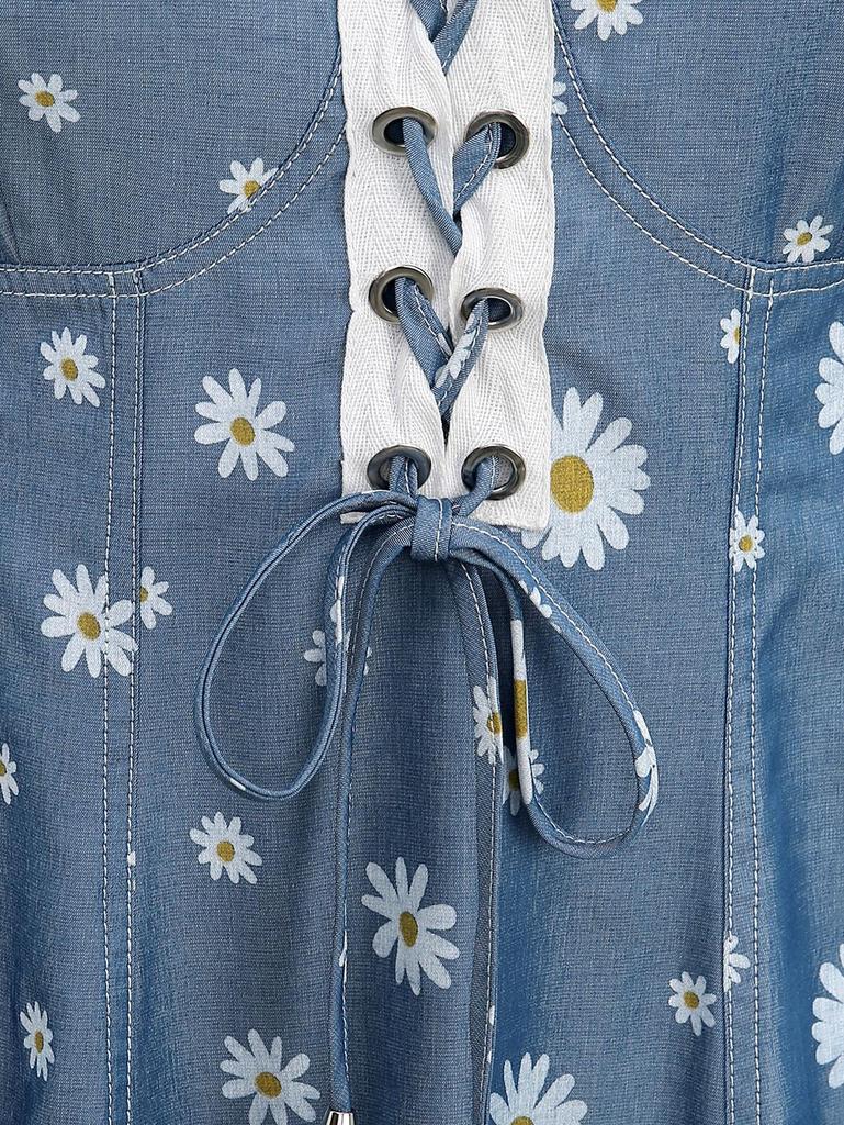 Rosegal Большие размеры Футболка с открытыми плечами и оборками и цветочным принтом ромашки на шнуровке