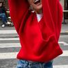 Шикарный красный женский свободный свитер с V-образным вырезом, повседневный, с длинными рукавами, вязаный теплый пуловер, осенний женский модный трикотаж, топы