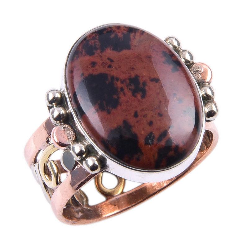 Двухцветное кольцо из стерлингового серебра 925 пробы с натуральным обсидианом красного дерева, размер 8 Q4B18