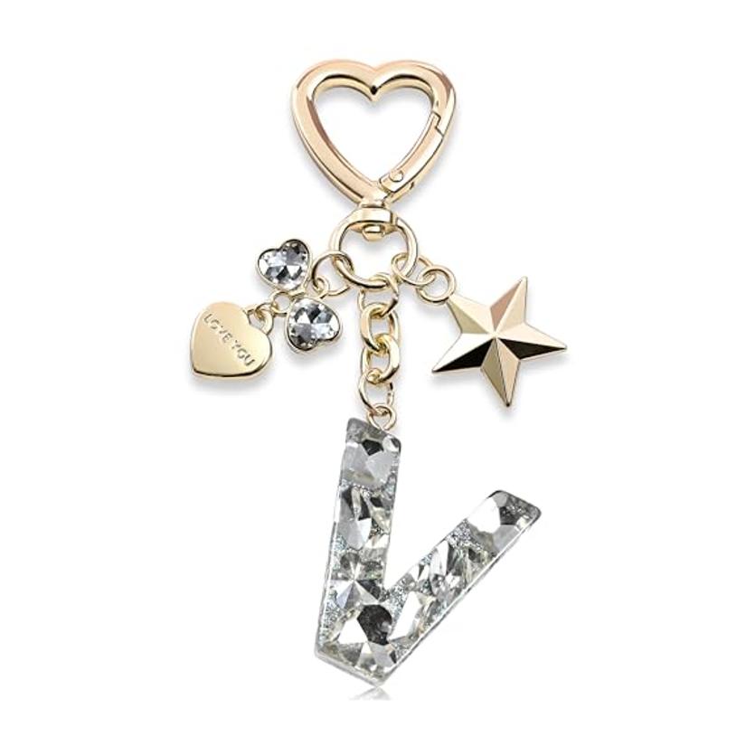 Bling Keychain with Initial Letter Butterfly Star Pink Purple - Cute Gift for Women And Girls Bag Cup Charms Fashion Accessory