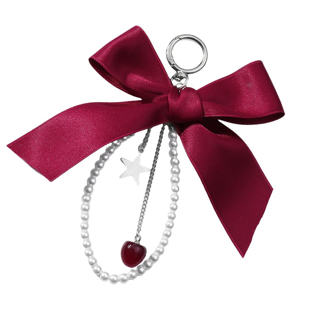 Fashion Pearls Cherrys Star Keychain with Ribbon Bowknot Handmade Sturdy Alloy Resin Charm for Women Ladies Daily Use