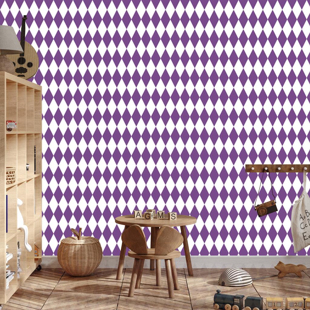 Harlequin Diamonds Wallpaper Purple, Light Gray and White 50x1000