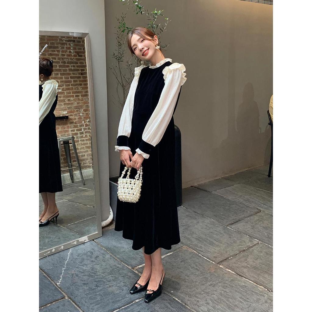 Женское бархатное платье с завышенной талией Thirteen Lines - Осень/Зима 2022, Французский стиль, Длинная юбка, Возврату не подлежит