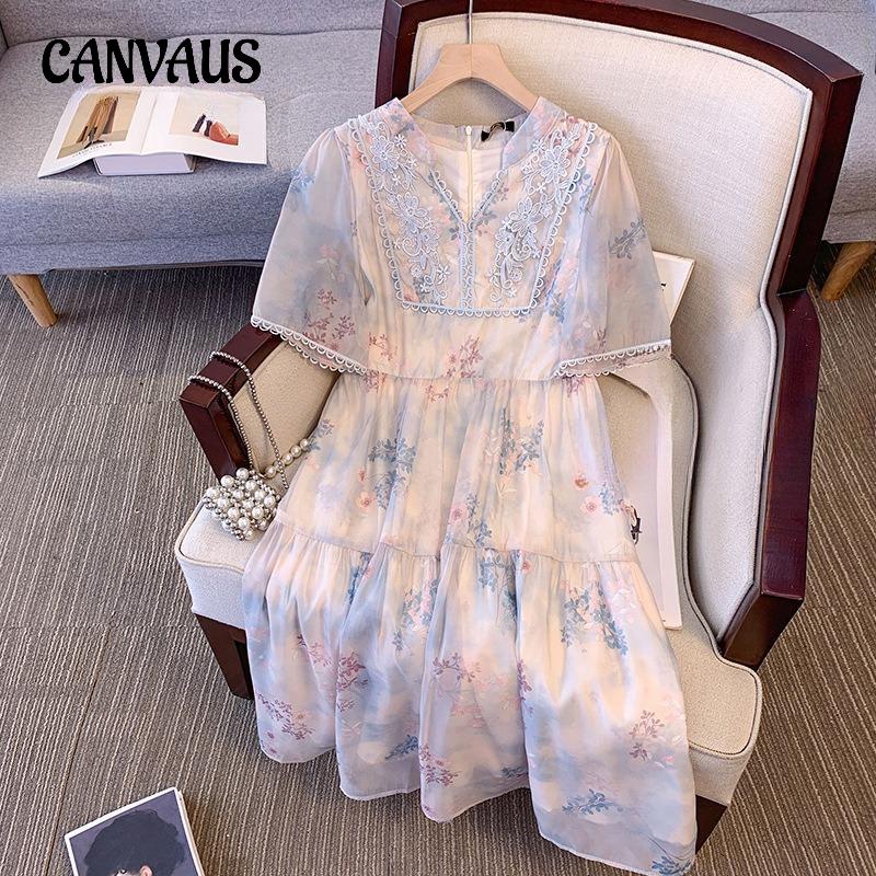 Плюс Размер Женское Летнее Новое Утягивающее Новое Китайский Стиль Печатный V-образный вырез Короткие Рукава Платье