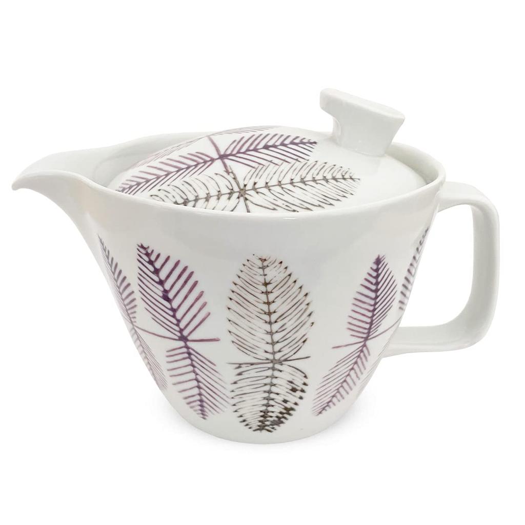 J-kitchens Kunzan Kiln Teapot with Strainer, 385ml Capacity, Serves 2-3, Hasami Ware, Made In Japan, Leaf Pattern, Purple, Large