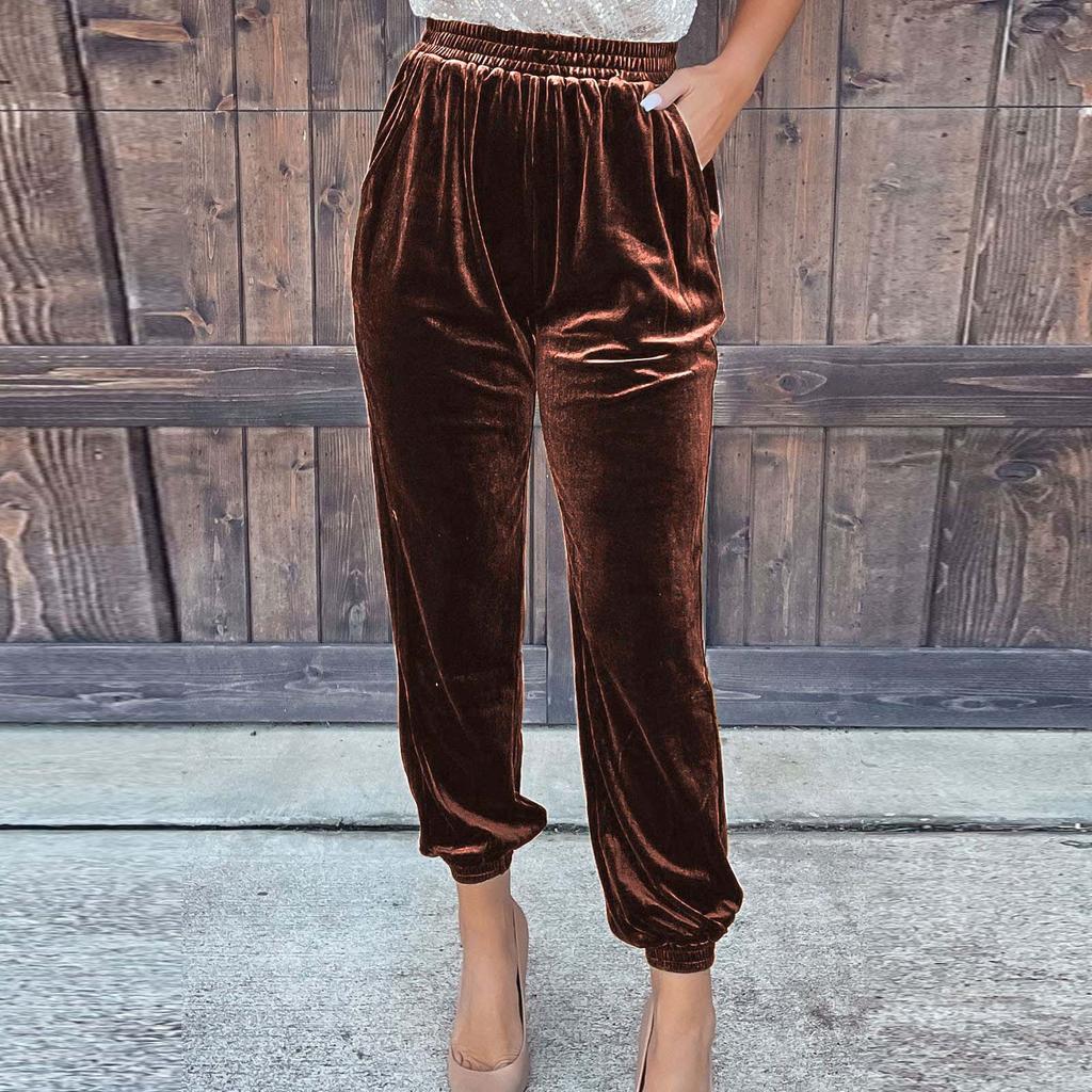 Women's Ladies Gold Velvet Trousers Straight Trousers Elastic Waist Casual Pants
