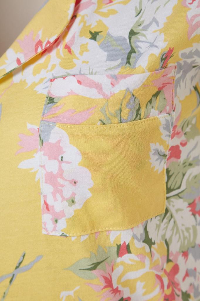 Women's Fashion Yellow 100% Cotton Floral Patterned Shirt-Pants Knitted Pajama Set