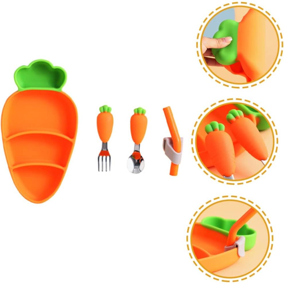 Carrot Shaped Plates Utensils Set for Kids with Fork Spoon Straw and Plate for Weaning Fun Mealtime Experience