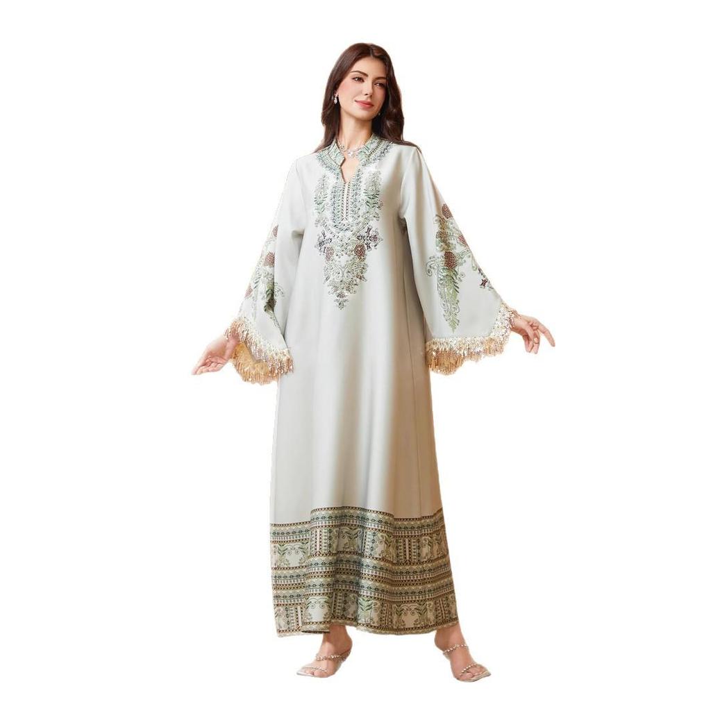 NC21 Женское платье-абая с V-образным вырезом и принтом с кисточками, Ближний Восток