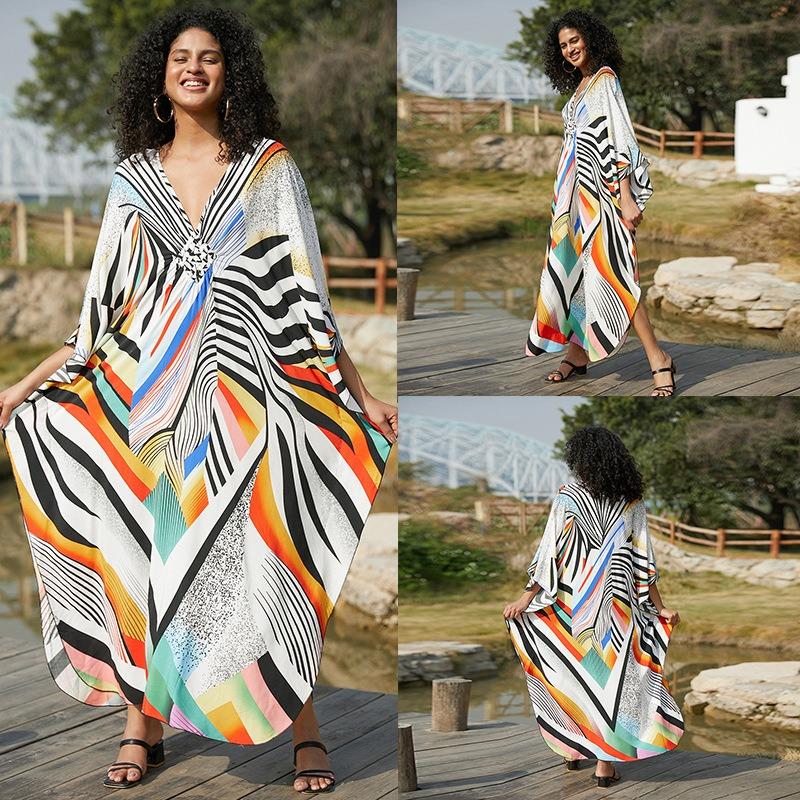 Vintage Peacock Feather Printing Loose Kaftan Swimsuit Coverup For Women Summer Casual House Dress Beachwear Cover-up