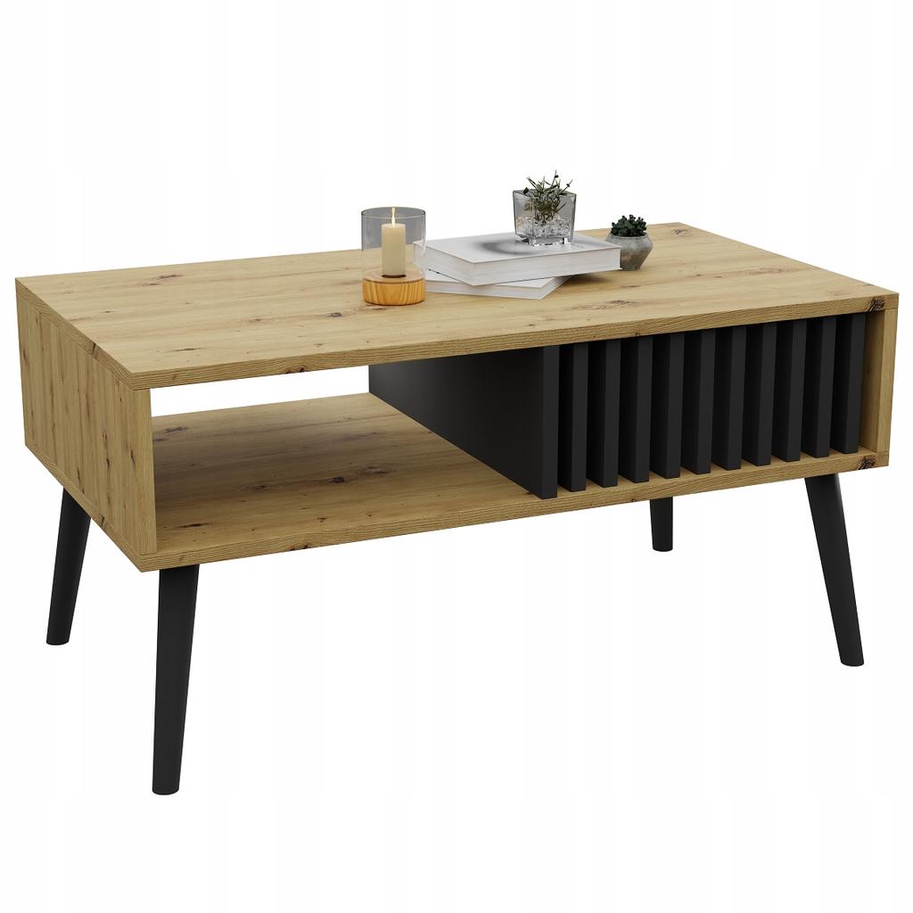 Scandinavian coffee table, lamella artisan/black loft table with shelf