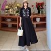 2025 Летнее платье больших размеров для женщин, повседневное винтажное платье с коротким рукавом, длинное платье на пуговицах, свободное базовое черное плиссированное платье