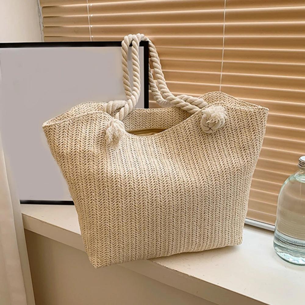 Solid Color Beach Handbag Bohemian Underarm Shoulder Bag Elegant Straw Tote Bag  Summer