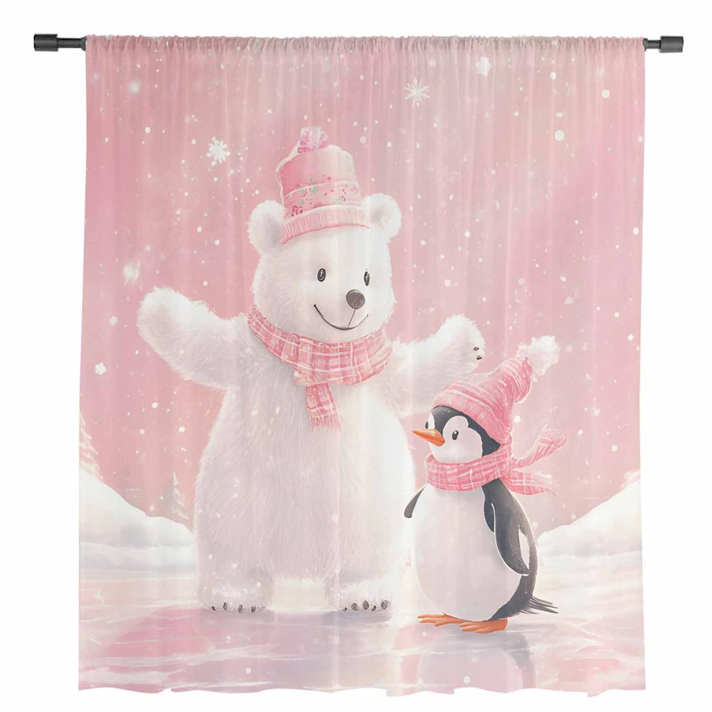 Рождественские розовые белые медведи пингвины прозрачные шторы для гостиной украшения оконные шторы кухонные тюль вуаль шторы