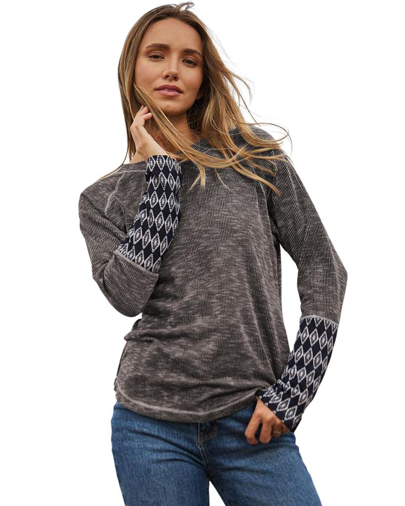 Azura Exchange Gray Aztec Patchwork Ribbed Long Sleeve Top