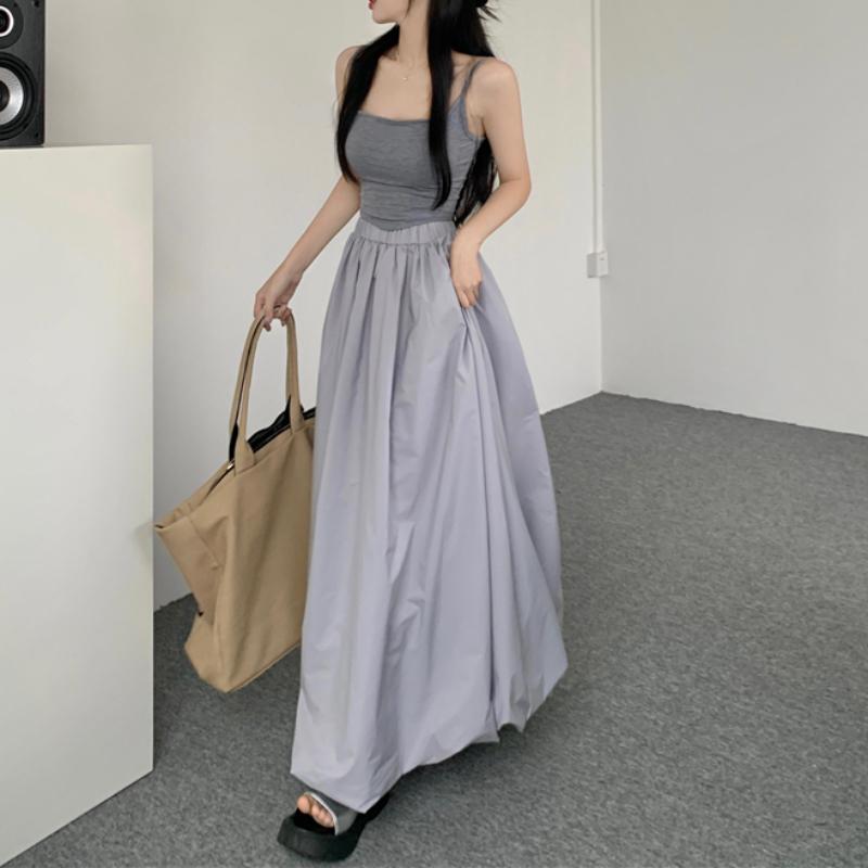 Balloon Maxi Skirt Women Korean Fashion Streetwear Black Elastic Waist A-line Vintage Loose Long Skirt Female Casual