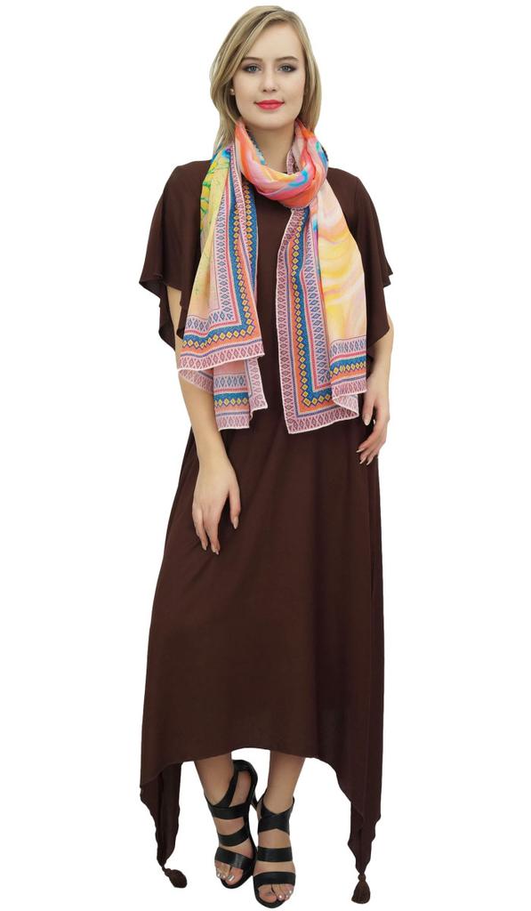 Bimba Women's Sleeve Black Asymmetrical Hem Maxi Dress with Scarf-14