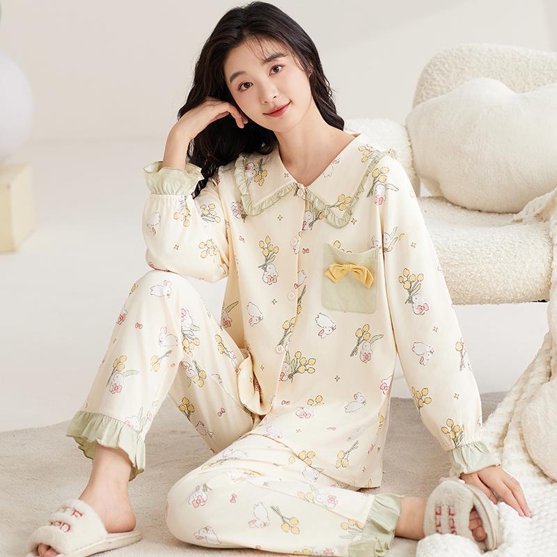 Женский хлопковый пижамный комплект осень-зима с отложным воротником, симпатичная пижама в стиле принцессы, женская домашняя одежда с длинным рукавом