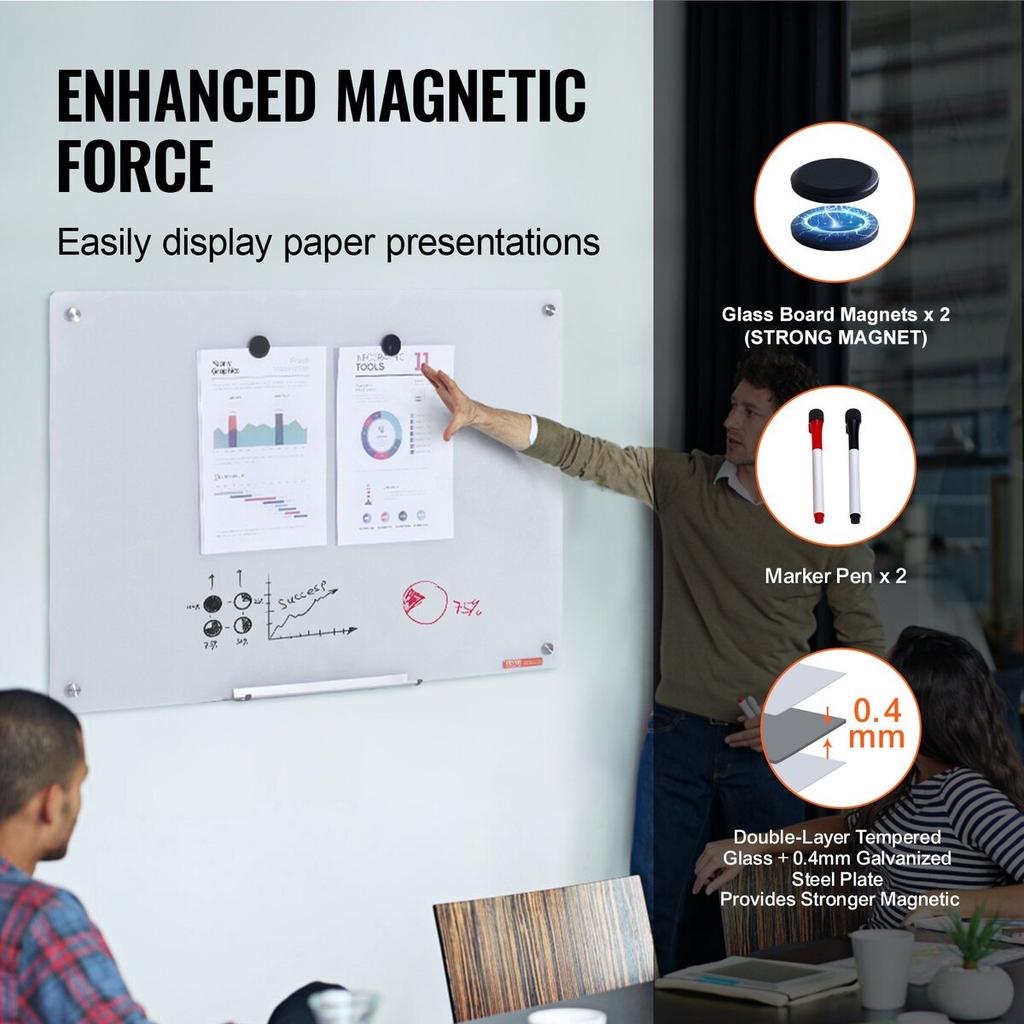 Magnetic Glass Whiteboard, Dry Erase Board 900 x 600 mm, Wall-Mounted Large White Glassboard Frameless, with Marker Tray, an Eraser and 2 Markers,