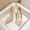 2024 spring and autumn new popular French silver wedding shoes rhinestone pointed high heels bow stiletto temperament single shoes