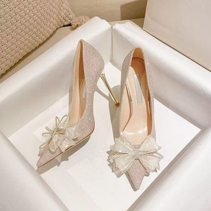 2024 spring and autumn new popular French silver wedding shoes rhinestone pointed high heels bow stiletto temperament single shoes