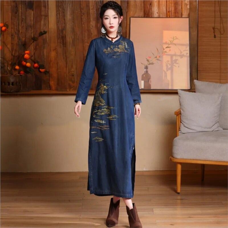 Johnature Chinese Style Collar Personality Improve Long Sleeve Woman Spring Vintage Embroidery Cotton Dress