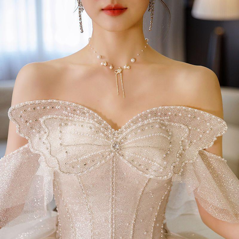 Французский бант Свадебное платье без бретелек - Сверкающее роскошное свадебное платье, Принцесса бальное платье из блестящего тюля с корсетом