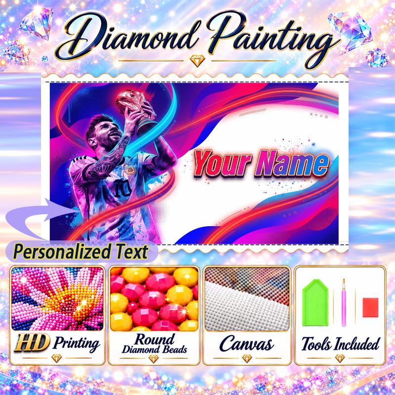 Lionel Messi 5D DIY Diamond Painting Custom Name Text, Full Drill Rhinestone Mosaic Art Home Gift