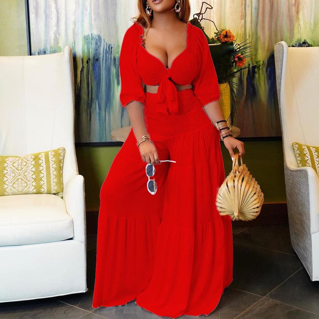 Женский летний модный повседневный костюм-двойка с плиссированными бретелями - европейский/американский стиль, однотонный, сексуальный, импортная торговля.