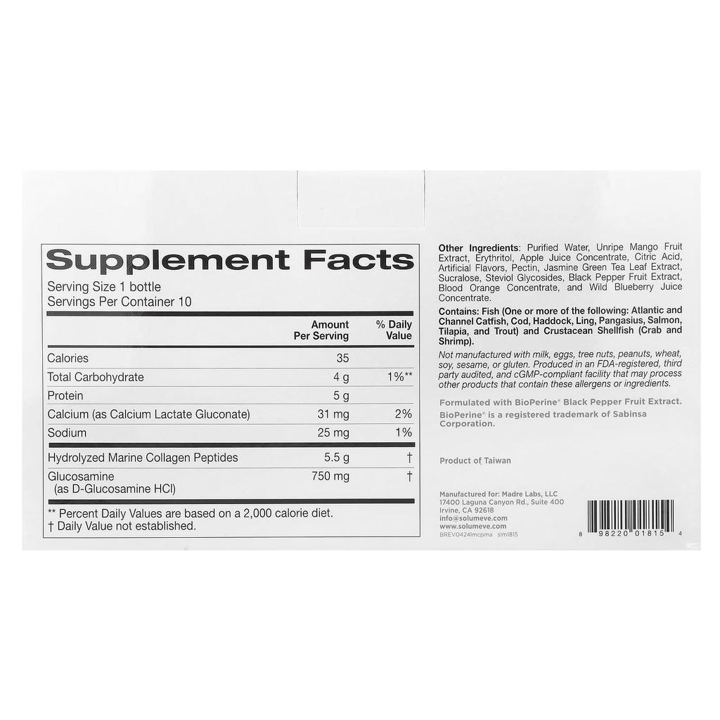 Solumeve Ageless Beauty Liquid Marine Collagen, Glucosamine, Mango Apple, 10 Bottles