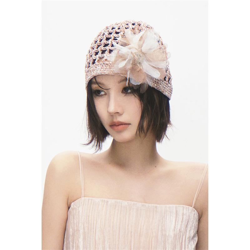 Women's Spring and Summer Korean Style Thin Hollow Breathable Sunshade Handmade Knitted Hat Sweet Wool Linen Fishnet Hat