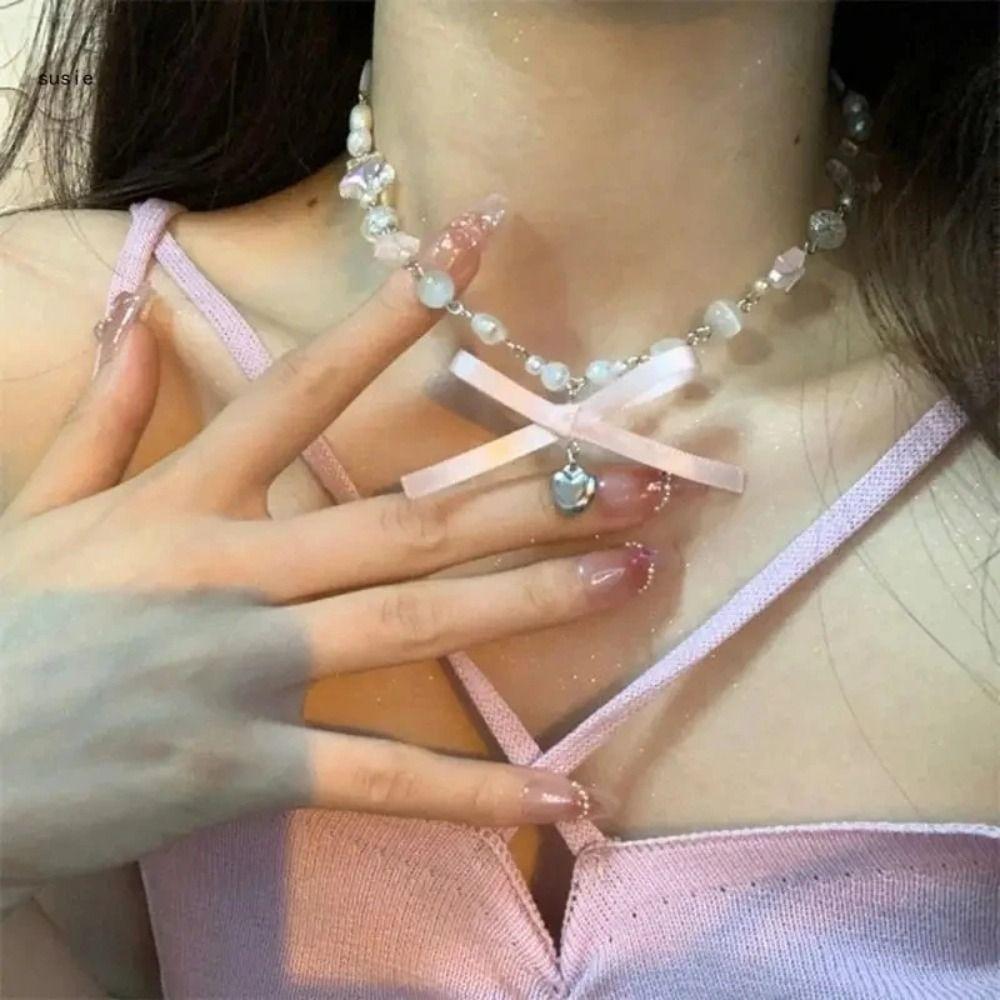 Жемчуг Розовый Бант Ожерелье Циркон Балеткор Чокер Элегантный Кулон-Бант Чокер Подарок на День рождения