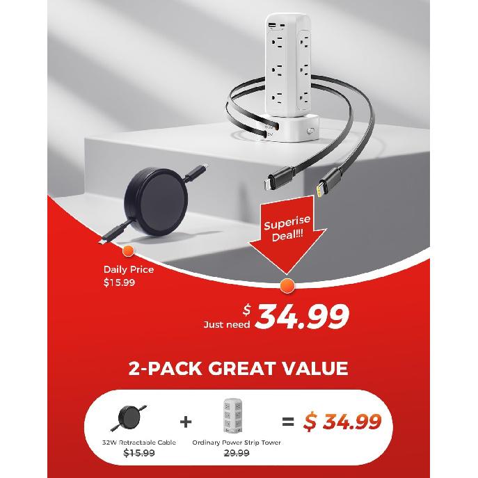 [2025 Upgraded] Power Strip Tower with Retractable Charging Cable, SUPERONE Surge Protector Tower with PD20W USB C and 12 AC Outlets, Flat Plug 6 FT