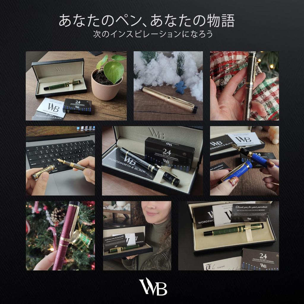 Wordsworth Black Primoli Fountain Pen Set with Medium Gift 24 Ink Refill and Perfect for and Smooth and & [Green Gold] Nib, Case, Cartridges,