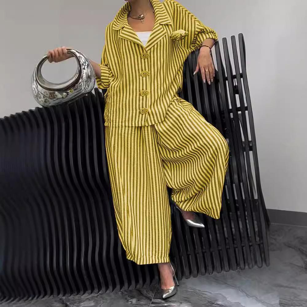 Women's Black and White Striped Button-Up Shirt with Wide Leg Pants Set, Fashionable Two-Piece Outfit