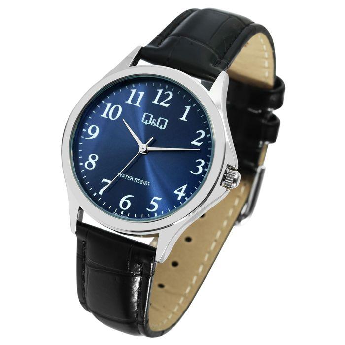 Montre - Q&Q - Quartz analogique - Cadran bleu 36 mm - Bracelet simili cuir noir - Étanchéité 3 bar