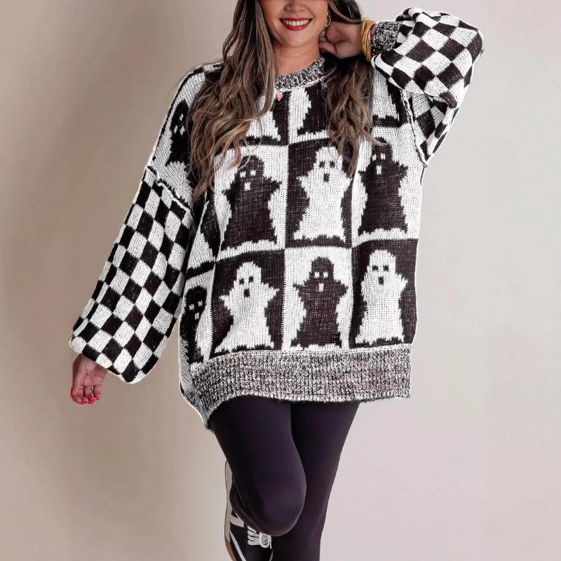 Осень-зима, длинные рукава, женские свитера, мода, большие размеры, Хэллоуин, свободный свитер с круглым вырезом, винтажный женский элегантный принт, повседневные джемперы 25367