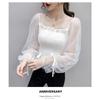 Mesh Puff Sleeve Elastic Waist Women Blouse Square Neck Cropped Top Black White Sweet Fairy Style Lace Up Bow Spring Summer