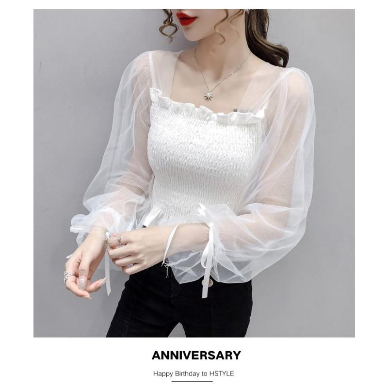 Mesh Puff Sleeve Elastic Waist Women Blouse Square Neck Cropped Top Black White Sweet Fairy Style Lace Up Bow Spring Summer