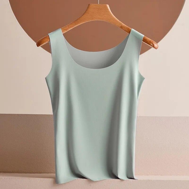 Летние тонкие бесшовные майки из ледяного шелка, женские облегающие майки без рукавов, повседневные майки, однотонные офисные женские жилеты, топ 30755