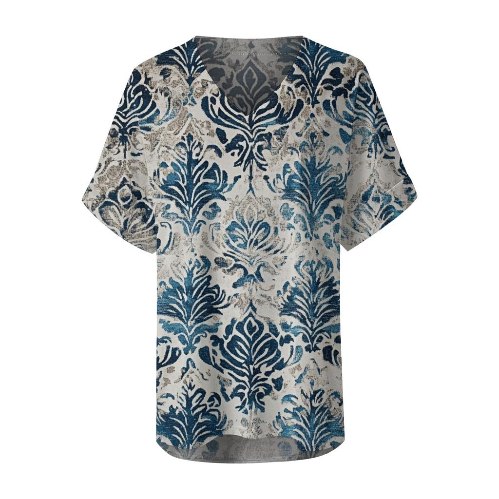 Women's Fashion Pocket V-neck Short Sleeve Plant Floral Print T-shirt Top