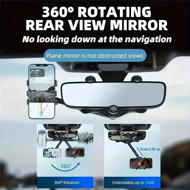 Car Rearview Mirror Phone Holder 360° Retractable Rotatable Cell Phone Holder Clip Mobile Phone GPS Support Phone Mount Stand