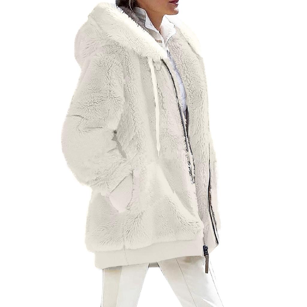 Женская повседневная однотонная свободная плюшевая куртка на молнии с капюшоном и карманами