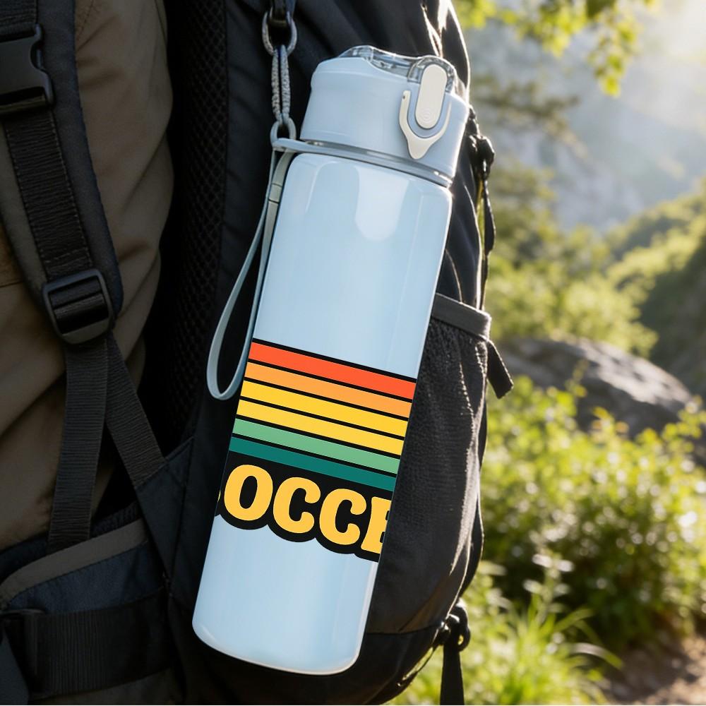 1PC Retro Striped Soccer Logo Print 750ml Color Plastic Sports Water Bottle Leakproof Flip Straw Lid Suitable for Sports Office Home Use