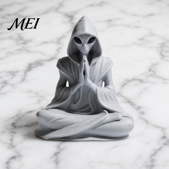 Matte Gray Meditation Figure 3D Printed Alien Statue, Zen Desk Decor Ornament, Sci-fi Sculpture Cute Extraterrestrial Figurine for Home Office, Sci Fi