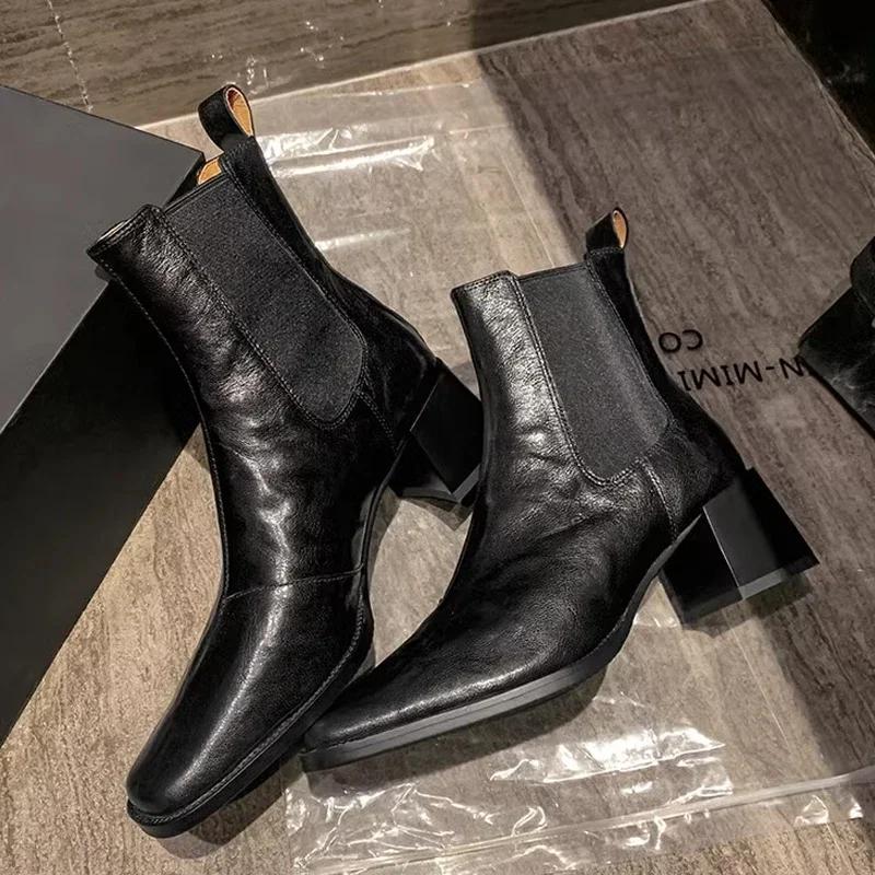 Fashion Square High Heel Women Chelsea Boots Fashion Slip On Shoes Retro Style Autumn Winter Square Toe Ladies Short Booties