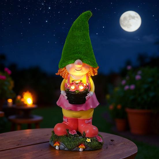 Солнечная садовая статуэтка гнома со светодиодной подсветкой, держащая корзину с цветами, флокированная шляпа, фигурка гнома-девочки, скульптура, уличное украшение, орнамент