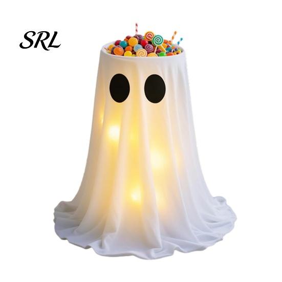 Cute Halloween Party Supplies Lighted Ghost Candy Bowl Stand, Height Adjustable Large Holder with Entrance Cabinet Display LED Light for Trick