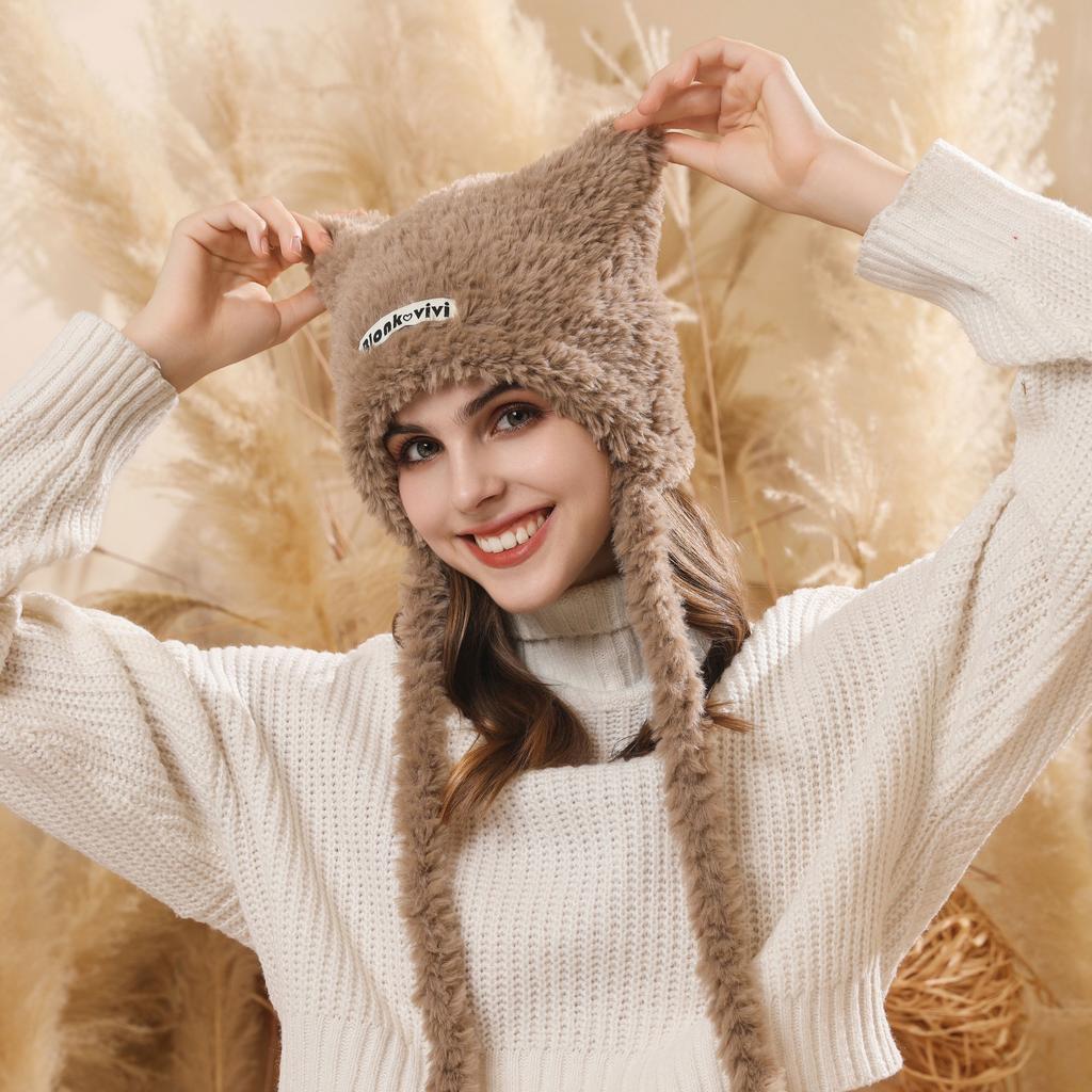 New Cute Cat Ears Warm Plush Hat Women's Autumn and Winter Fashion Lace-up Face Small Cold-proof Ear Hat